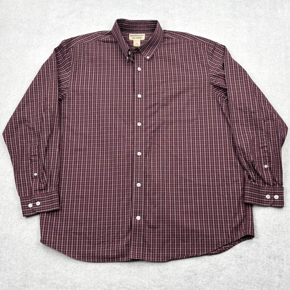 Duluth Trading Co Wrinklefighter Shirt Mens XL Burgundy Grid Button Down 92105